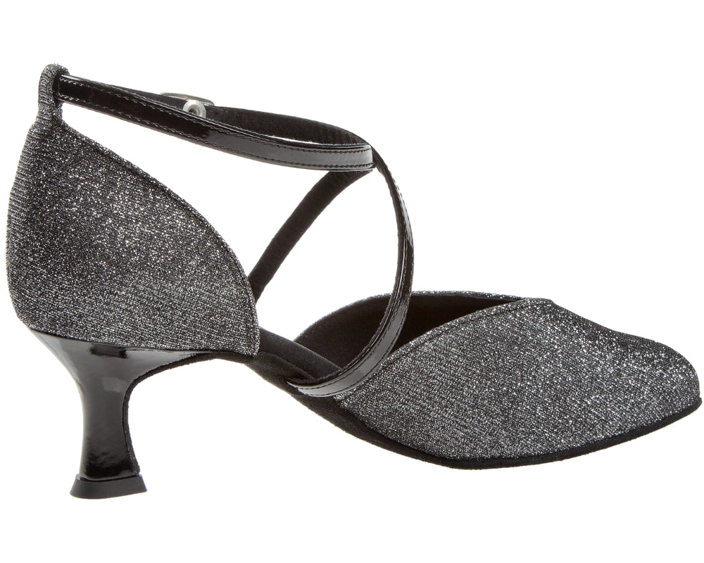 Diamant 170 Tanzschuhe in Anthrazit Glitter mit mittelhohem Absatz, Knöchelriemen, schwarzer Chromledersohle, Seitenansicht.